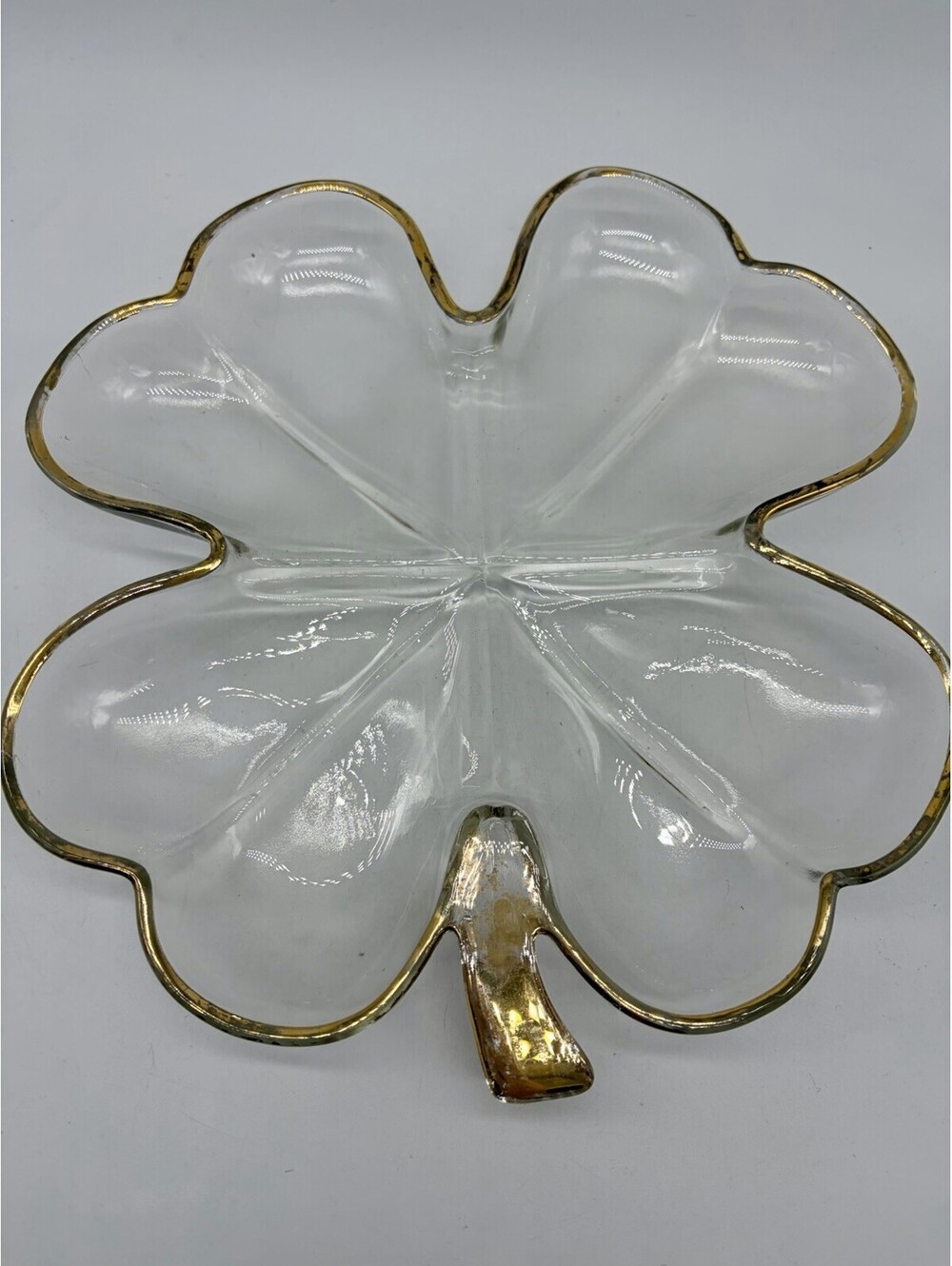 Vintage 4 Leaf Clover 9” Divided Relish Tray Dish Plate Clear Glass Gold Trim